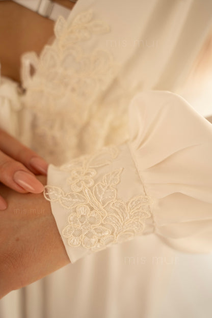 sheer lace robe for photoshoot
romantic robe with belt
robe for wedding day
personalized bridal robe
luxury bridal robe
long train robe for bride
getting ready bridal robe
boudoir robe
silk robe with a train